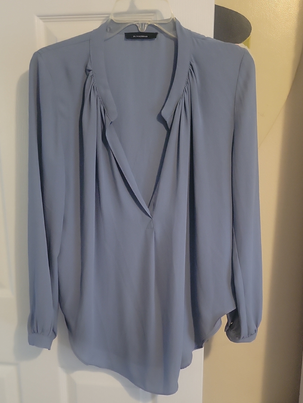 Olivaceous SzLg Powder Blue,Grey V-Neck Pleated Long Sleeve Blouse